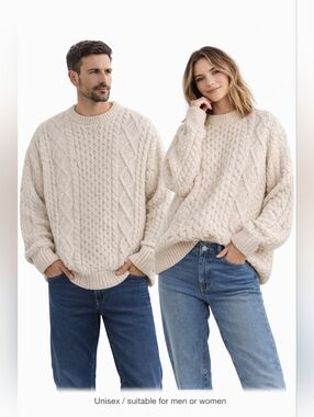 Blarney Woollen Mills 100% Merino Wool Cable Knit Sweater XXXL Beige